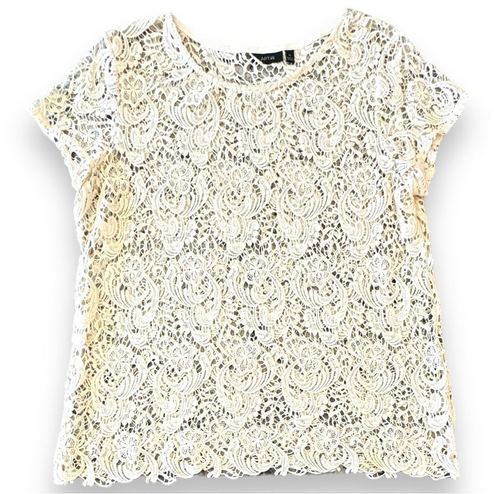 APT 9 Top Womens XLarge Cream Open Crochet Short Sleeve Pullover Round Neck